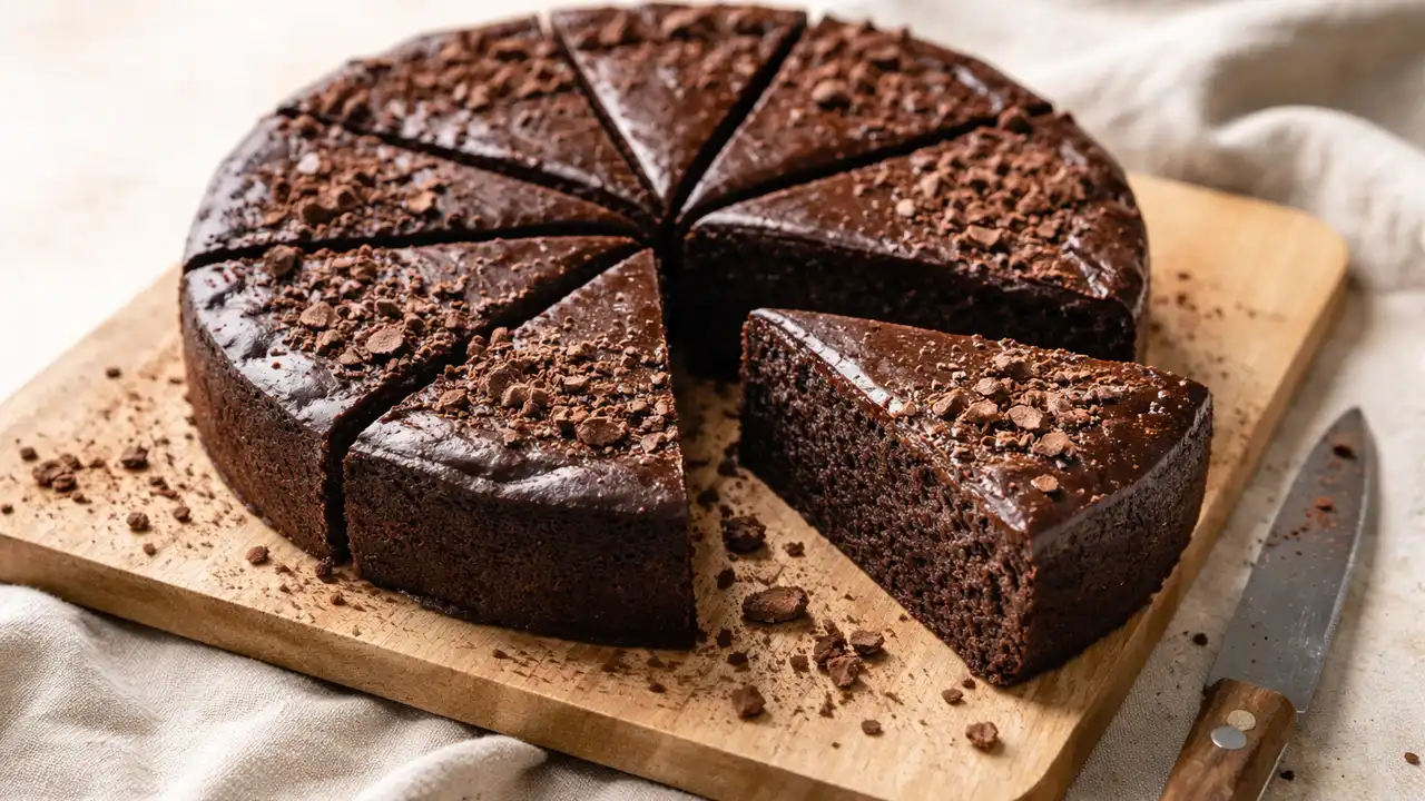 Torta al cioccolato fondente tagliata a fette su tagliere di legno, alternativa alla classica torta mimosa per la festa delle donne