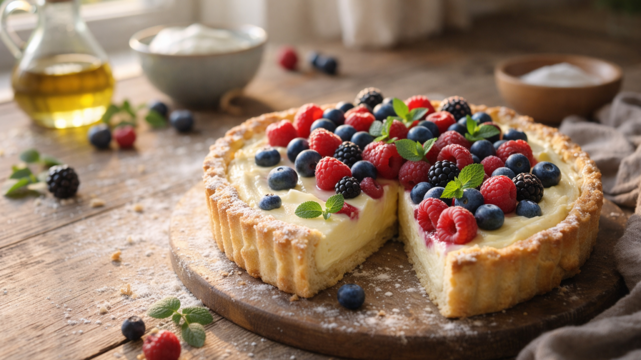 Crostata ricotta e frutti di bosco: frolla all'olio e crema cremosa