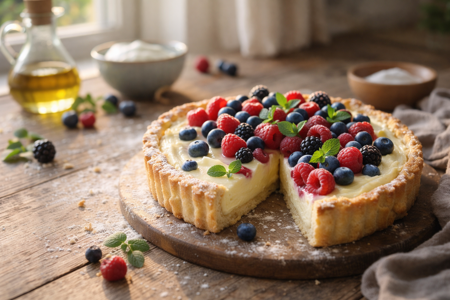 Crostata ricotta e frutti di bosco: frolla all'olio e crema cremosa