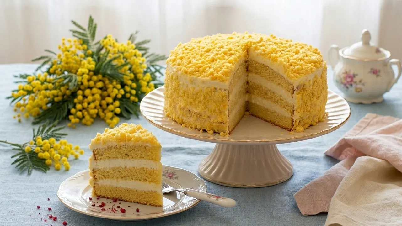 Torta mimosa ricetta originale tagliata con strati di pan di Spagna e crema diplomatica, servita su alzatina con rametto di mimosa